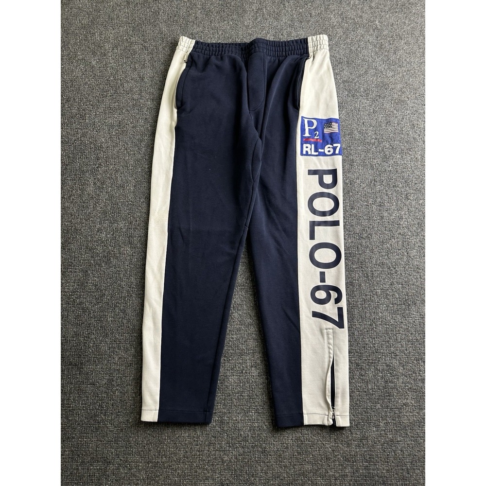 Mens Polo Ralph Lauren RL-67 Navy White Track Pants Joggers, Size L